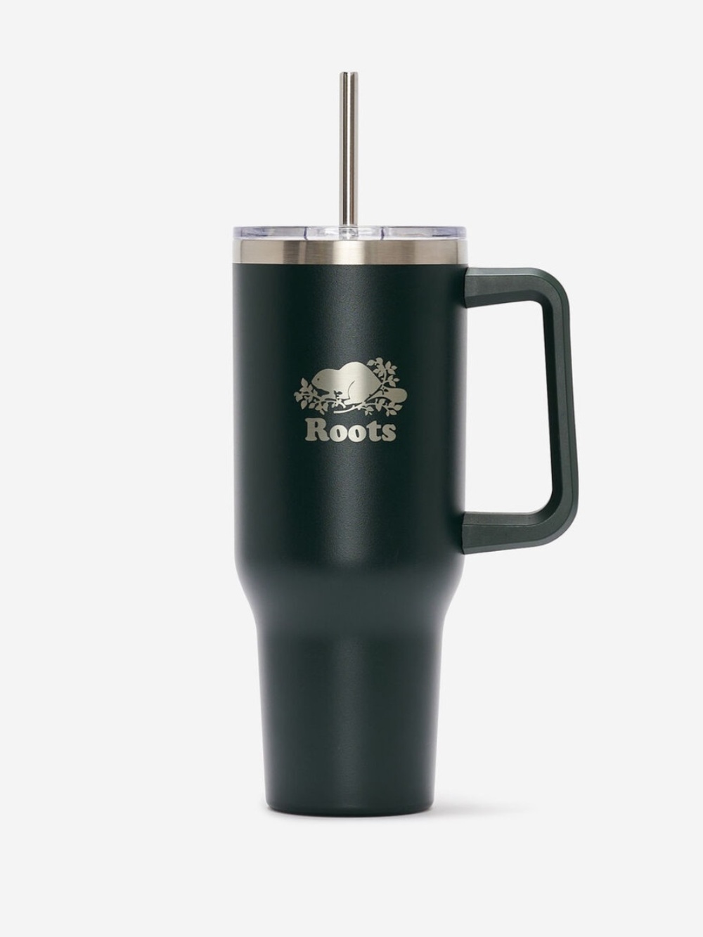 Roots Dark Green Insulated Travel Mug with Handle and Straw